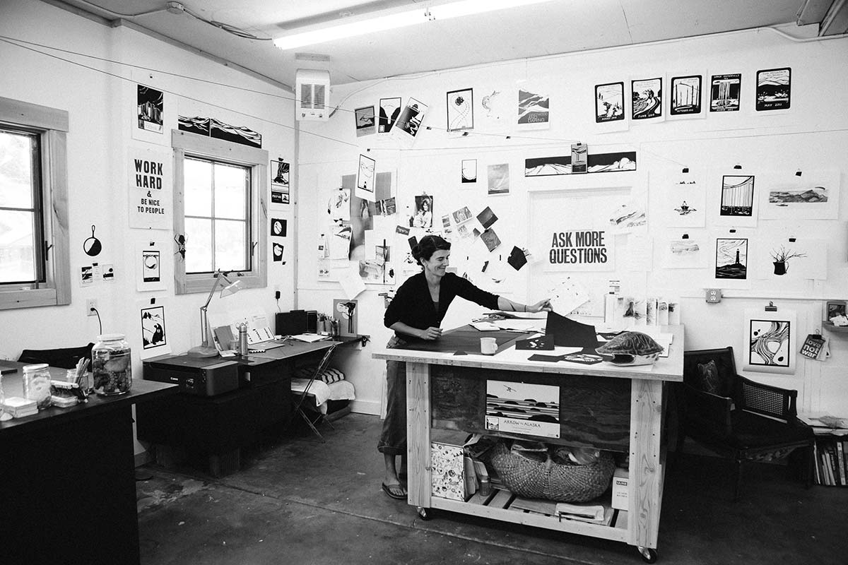 2019 Port Townsend Wooden Boat Festival poster artist Hannah Viano in her studio